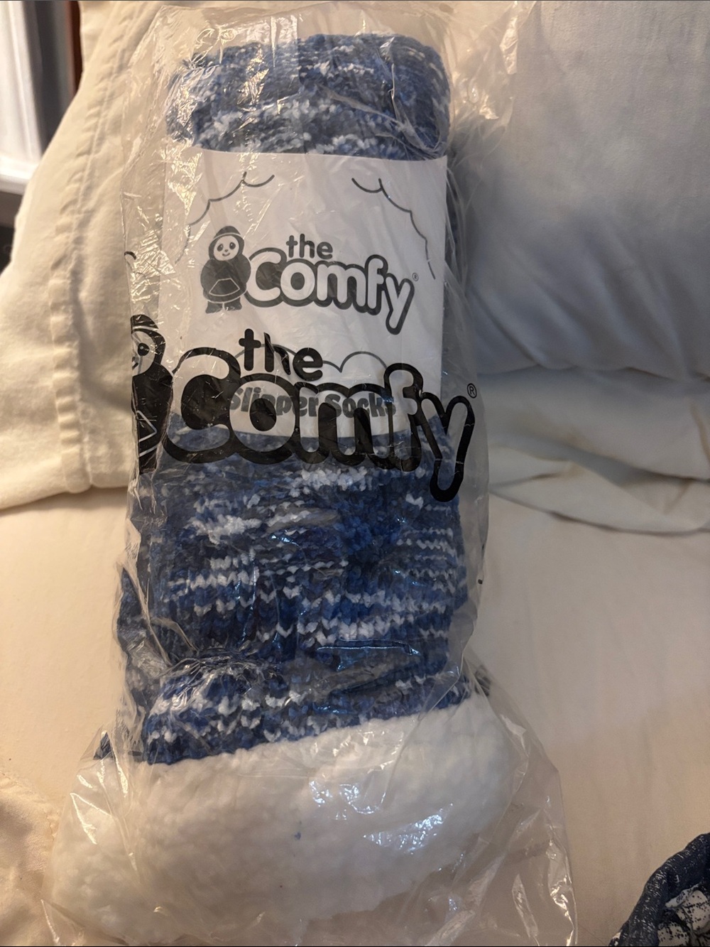 The Comfy Blue Marled Plush Slipper Socks with White Cuff